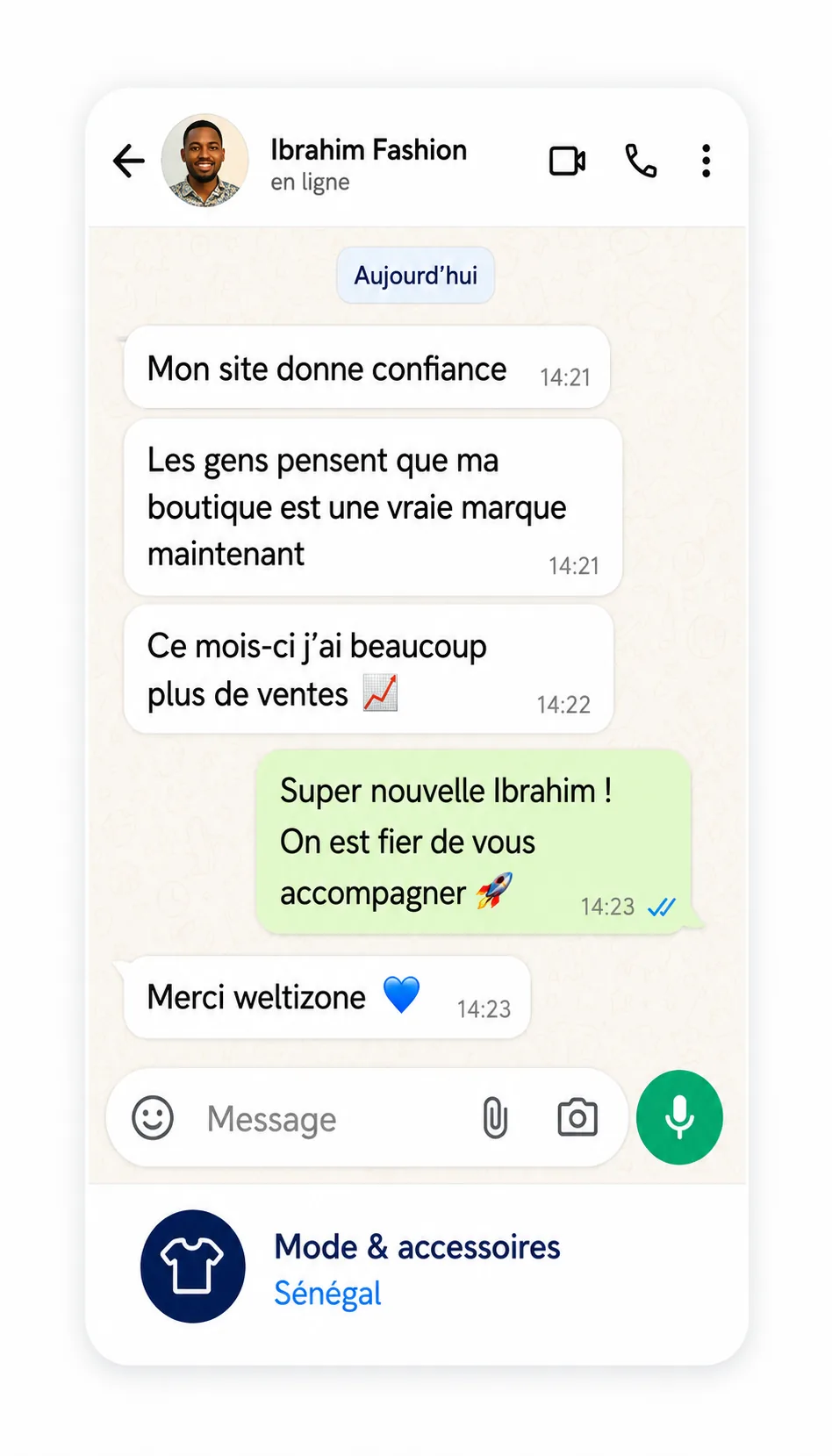 Message de remerciement d'un entrepreneur local sur WhatsApp suite à la mise en ligne rapide de sa boutique sur Weltizone
